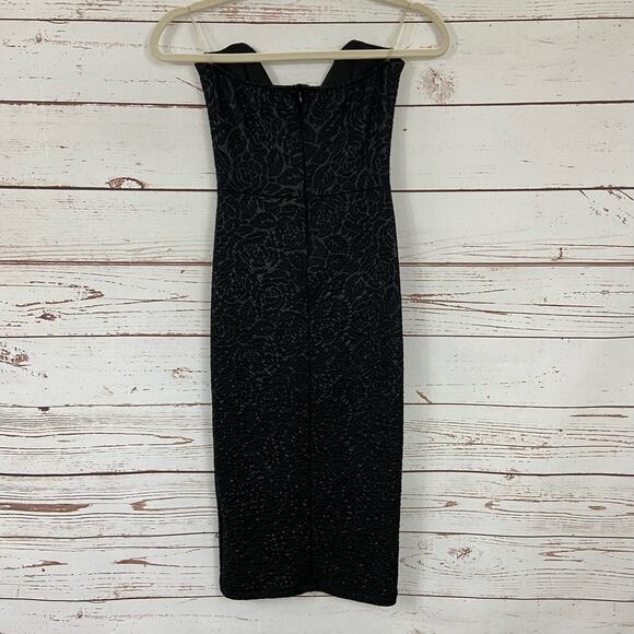 Windsor S Black Floral Textured Strapless Plunge Vneck Midi Cocktail Dress - Picture 6 of 9